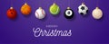 Luxury Merry Christmas horizontal banner. Christmas card with sport baseball, basketball, football, tennis balls hang on a thread Royalty Free Stock Photo