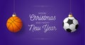 Luxury Merry Christmas horizontal banner. Christmas card with sport basketbal and football balls hang on a thread on purple modern