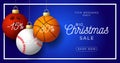 Luxury Merry Christmas horizontal banner. Christmas card with sport basketball, bowling and baseball balls hang on a thread on