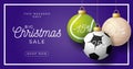 Luxury Merry Christmas horizontal banner. Christmas card with sport football, tennis and volleyball balls hang on a thread on