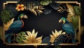 Luxury metalic frame bird and tropical leaves nature background. Generative AI