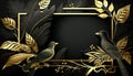 Luxury metalic frame bird and tropical leaves nature background. Generative AI
