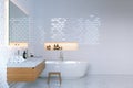 Luxury minimalist bathroom interior with brick walls. 3d render.