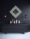 Luxury minimalist dark living room interior with commode,vases, chandeliers and mirror
