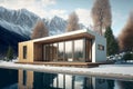 luxury minimalist home, large windows and wood, winter, mountains, snow generative ai Royalty Free Stock Photo