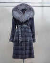 Luxury mink fur coat with collar black Fox gray with belt