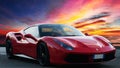 Luxury model fast sports car Ferrari 488 GTB placed on a scenic sunset background,Rome, Italy February 20,2023