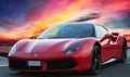 Luxury model fast sports car Ferrari 488 GTB placed on a scenic sunset background