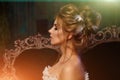 Luxury model in vintage style. Beautiful woman with a stunning hairstyle and make-up in a rococo dress. Girl at the Masquerade