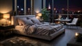 Luxury modern apartment bedroom with city sky view, A room with a view of the city from the bed Royalty Free Stock Photo