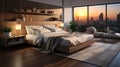 Luxury modern apartment bedroom with city sky view, A room with a view of the city from the bed Royalty Free Stock Photo