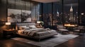 Luxury modern apartment bedroom with city sky view, A room with a view of the city from the bed Royalty Free Stock Photo