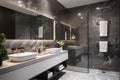 Luxury, modern bathroom with black and white marble carrara walls and floor, shower and faucet