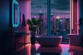 Luxury modern bathroom interior with neon lights ambient and window city view Royalty Free Stock Photo