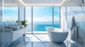 Luxury modern bathroom interior in ocean condo with expensive design and scenic view