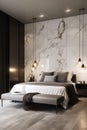 Luxury, modern bedroom interior with black and white carrara marble tiles and king size bed