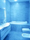 Luxury modern beige and white bathroom interior in classic blue color. Royalty Free Stock Photo