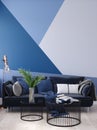 Luxury modern blue living room interior with geometric form patterned wall, dark blue sofa, floor lamp and coffee table