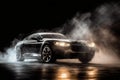 Luxury modern car in a black background with a copy space, lot of grey smoke from the wheels. Generative AI Royalty Free Stock Photo