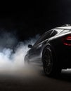 Luxury modern car in a black background with a copy space, lot of grey smoke from the wheels. Generative AI Royalty Free Stock Photo