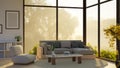 Luxury modern contemporary living room with amazing large window with nature view, cozy sofa