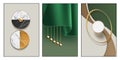 Luxury modern 3D abstract wall art triptych. Set of three posters featuring green draped fabric, black and white marble circles Royalty Free Stock Photo