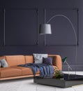 Luxury modern dark blue living room interior with white parquet floor, brown sofa, floor lamp and coffee table