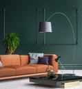 Luxury modern dark green living room interior with white parquet floor, brown sofa, floor lamp and coffee table