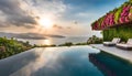 luxury modern designer villa with pool, ocean view, photorealistic travel poster,