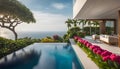 luxury modern designer villa with pool, ocean view, photorealistic travel poster,