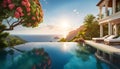 luxury modern designer villa with pool, ocean view, photorealistic travel poster,