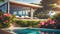 luxury modern designer villa with pool, ocean view, photorealistic travel poster,