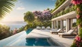 luxury modern designer villa with pool, ocean view, photorealistic travel poster,