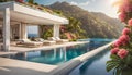 luxury modern designer villa with pool, ocean view, photorealistic travel poster,