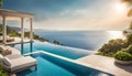 luxury modern designer villa with pool, ocean view, photorealistic travel poster,