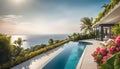 luxury modern designer villa with pool, ocean view, photorealistic travel poster,