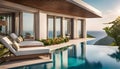 luxury modern designer villa with pool, ocean view, photorealistic travel poster,