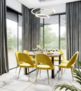 Luxury modern dinning room interior background for mockup with bright yellow chairs, table with dishes, panoramic windows and gold Royalty Free Stock Photo