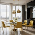 Luxury modern dinning room interior background for mockup with bright yellow chairs table with dishes panoramic windows and Royalty Free Stock Photo