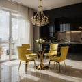 Luxury modern dinning room interior background for mockup with bright yellow chairs table with dishes panoramic windows and Royalty Free Stock Photo