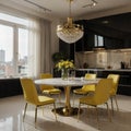 Luxury modern dinning room interior background for mockup with bright yellow chairs table with dishes panoramic windows and