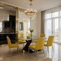 Luxury modern dinning room interior background for mockup with bright yellow chairs table with dishes panoramic windows and