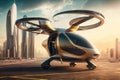 Luxury modern and futuristic air taxi flying in modern city. Generative AI. Royalty Free Stock Photo