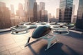 Eco friendly modern and futuristic air taxi in modern city. Generative AI. Royalty Free Stock Photo