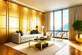 luxury modern futuristic very gold living room with big windows minimalistic mockup Royalty Free Stock Photo