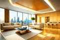 luxury modern futuristic very gold living room with big windows minimalistic mockup Royalty Free Stock Photo