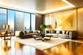 luxury modern futuristic very gold living room with big windows minimalistic mockup Royalty Free Stock Photo