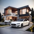 Luxury modern house and electric car Royalty Free Stock Photo
