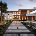 Luxury modern house with swimming pool and terrace at dusk Ai generative