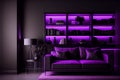 Luxury modern interior of living room ,Ultraviolet home decor concept ,purple sofa and black table with gold lamp on